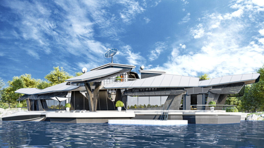 Futuristic Cyber House Boat in City, Country on serene waters