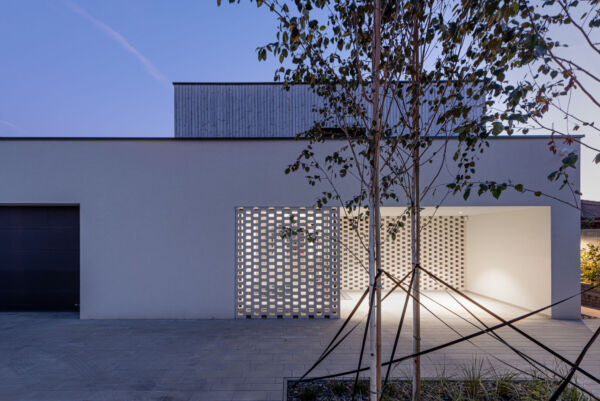 Sunlit garden area surrounding the modern home.