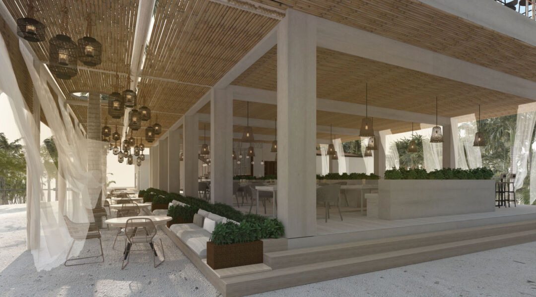 Exposed concrete columns in the restaurant interior. Exposed concrete columns in the restaurant interior.