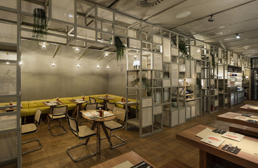 Interior view showcasing unique decor and warm lighting.