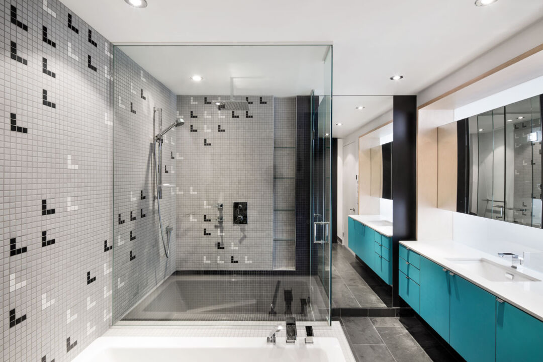Translucent sliding panels providing privacy in the living area.