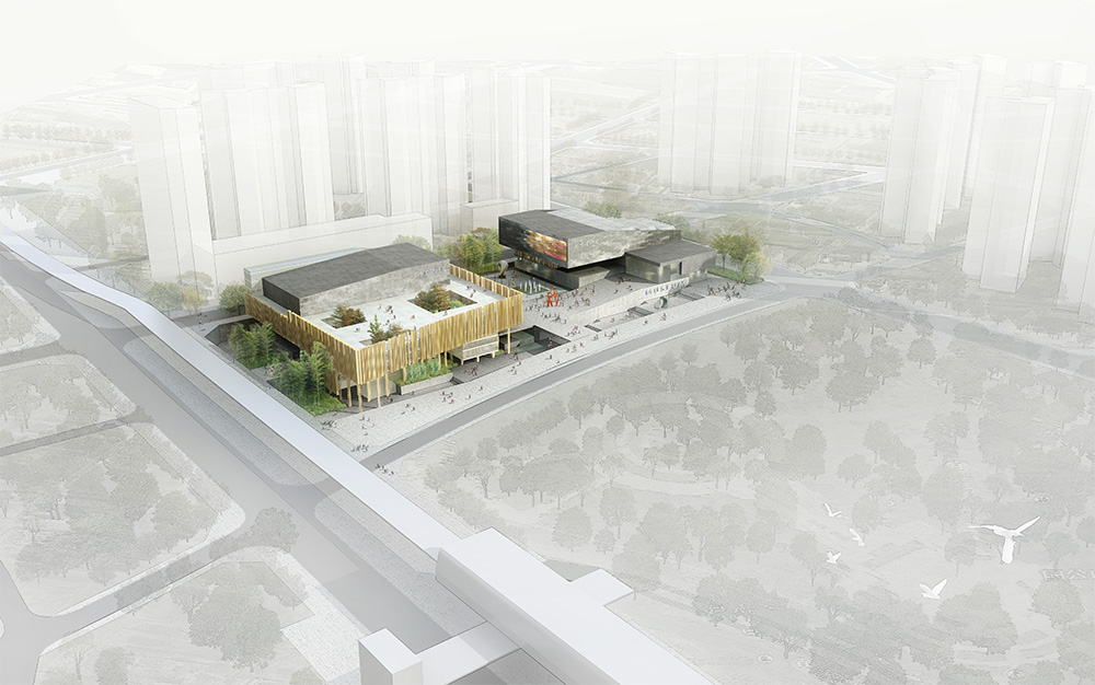 Sunken square enhances interaction between museum and library.