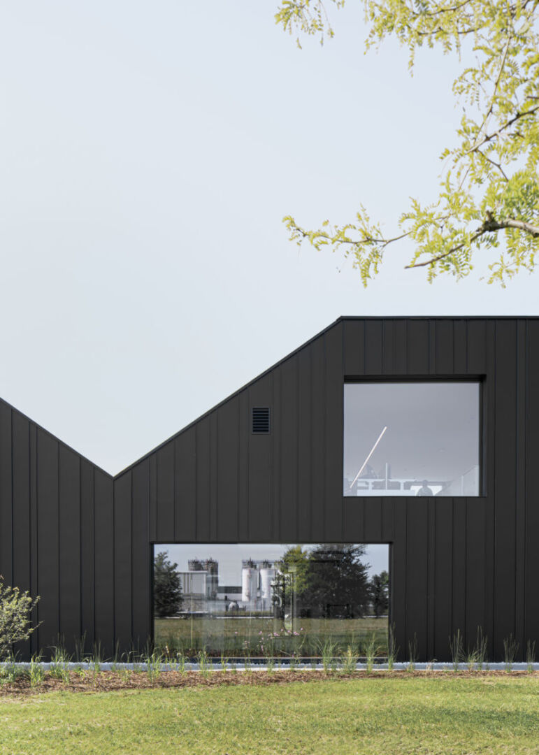 Weather-resistant zinc cladding on the office facade. Weather-resistant zinc cladding on the office facade.