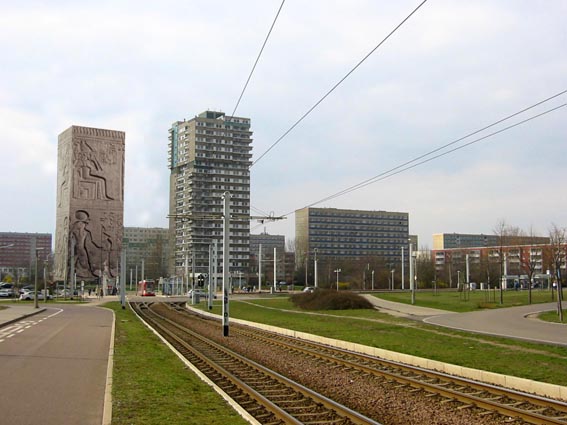 Dynamic urban environment with unique sculptures in Halle-Neustadt. Dynamic urban environment with unique sculptures in Halle-Neustadt.