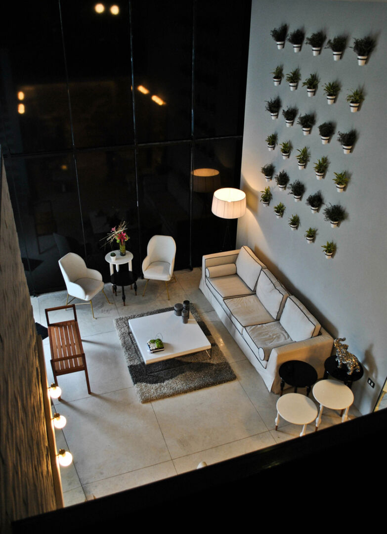 Close-up of black crystal lighting in the salon.