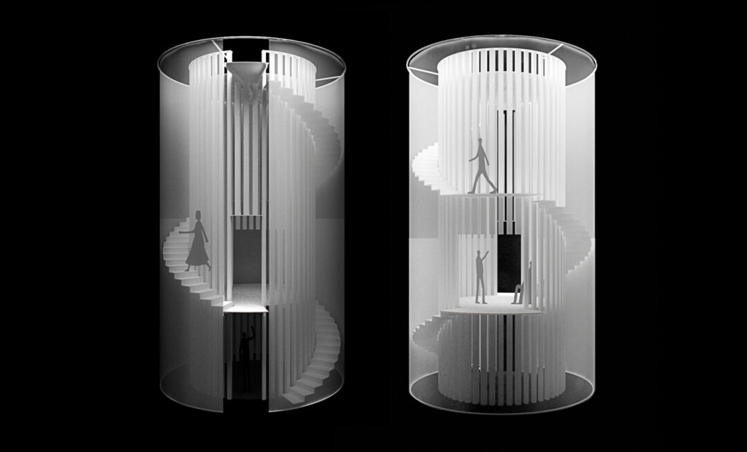 Wooden pillars mimic palm trees in modern architectural design.