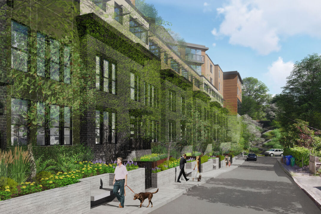 Elegant townhomes blending with lush gardens and greenery. Elegant townhomes blending with lush gardens and greenery.