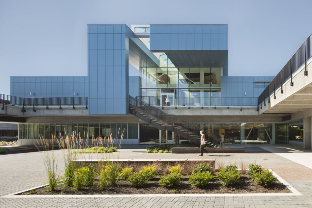 Exterior blending modern design with campus vernacular.