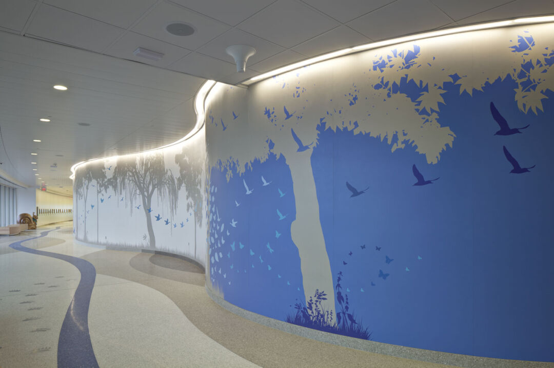 Nature-inspired graphics guiding patients in the hospital.