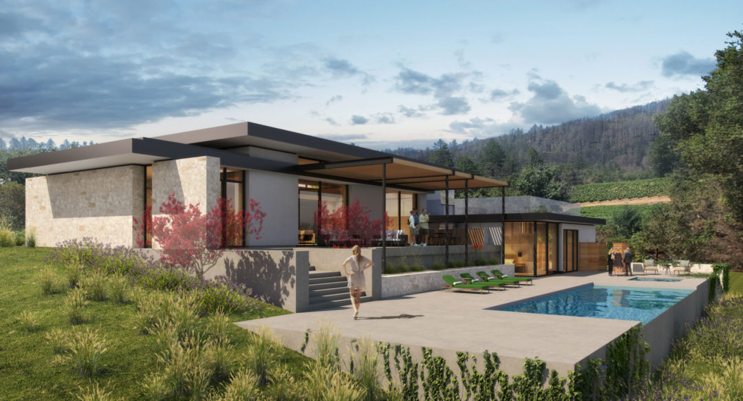 Modern home design with stunning valley views in wine country. Modern home design with stunning valley views in wine country.