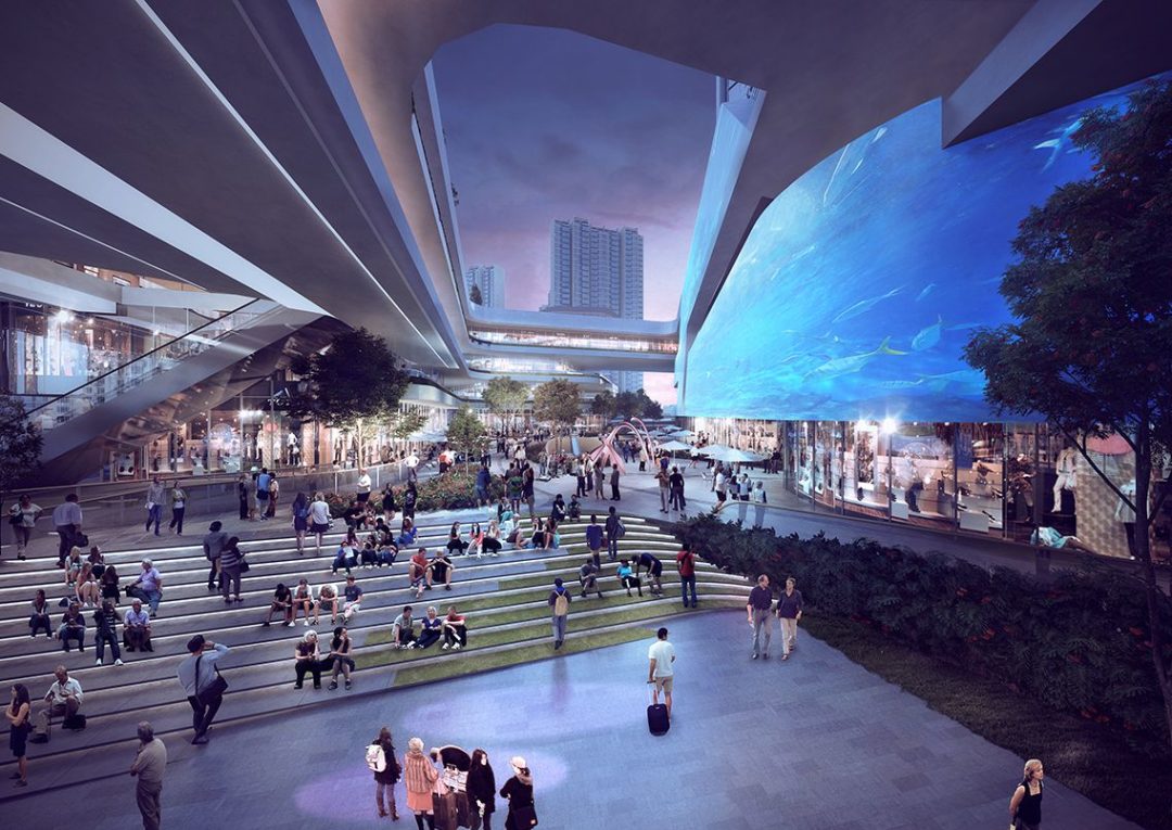 Architectural rendering of Populus X adjacent to the transport hub.